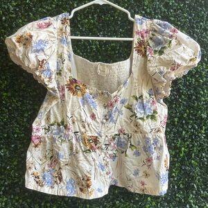 Anthropologie Cream Floral Puff-Sleeve Peplum Blouse with Blue & Pink Blooms
